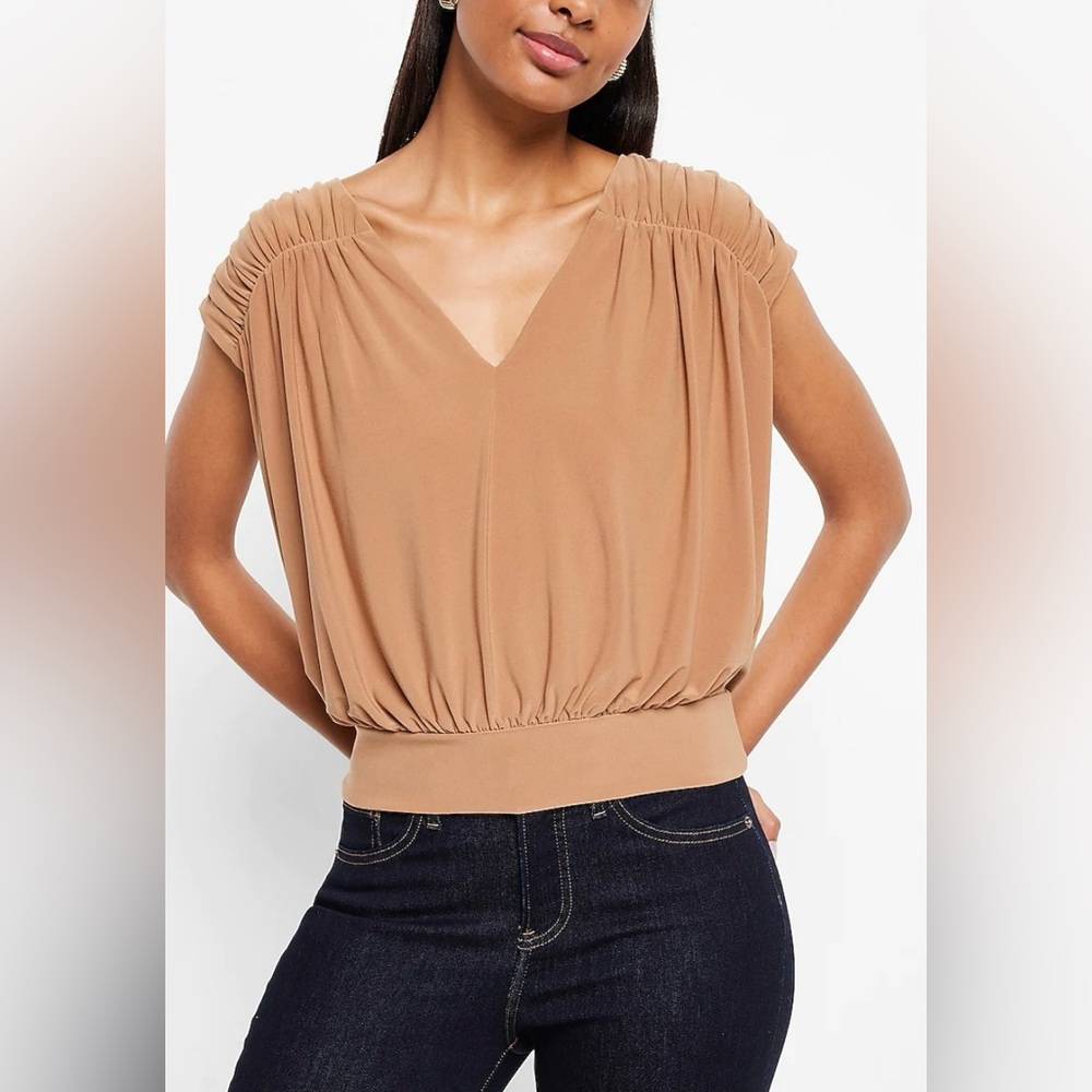 NEW Express Tan Smocked Blouse NWT Matte Jersey Ruched Banded Cropped Top - Picture 2 of 7